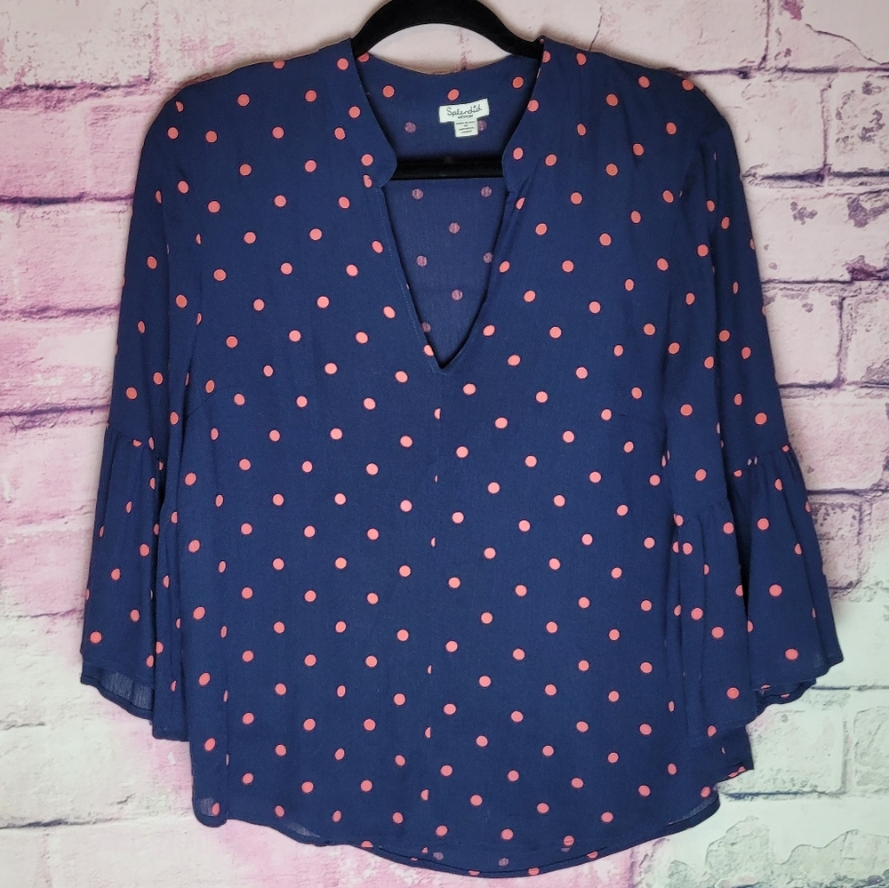 SPLENDID NAVY BELL SLEEVE SPLIT NECK PINK POLKA DOT FLOWY POPOVER BLOUSE M